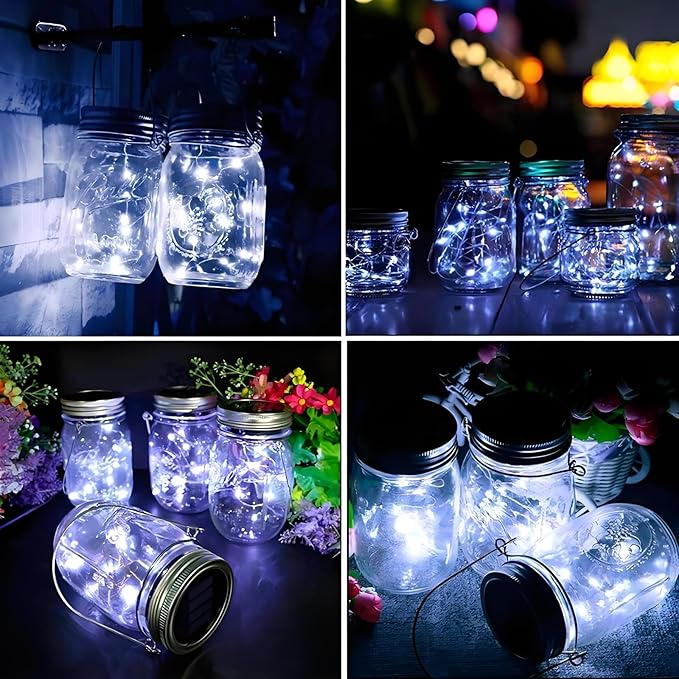 VOOKRY 12 Pack Solar Mason Jar Lights, 30 LED Mason Jar Lids Waterproof Firefly Fairy String Lights with 12 Hangers(No Jars), for Outdoor Patio Garden Yard Lawn Party Wedding Decoration - Cool White