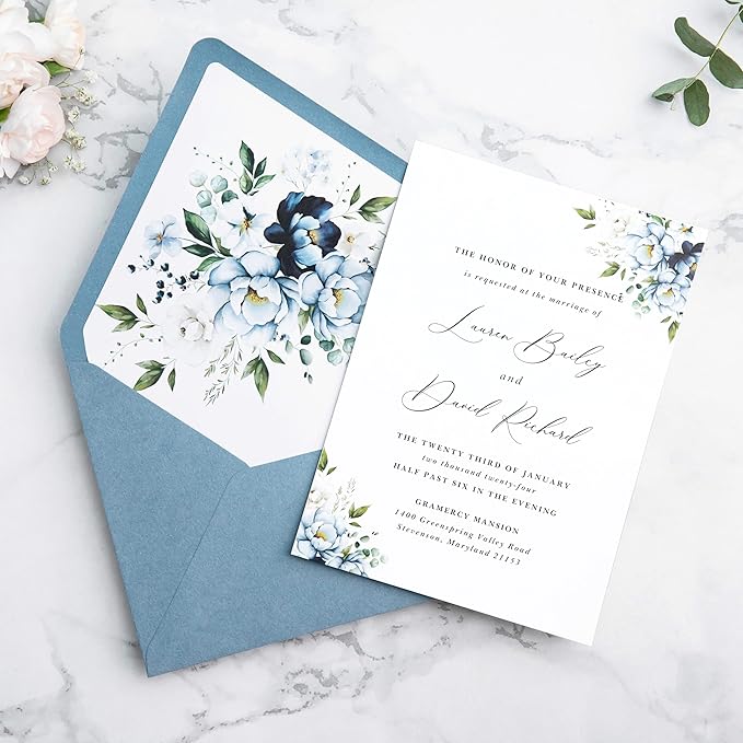 PONATIA 50PCS A7 Euro Flap Envelopes, 5.25 x 7.25'' Dusty Blue Flowers Liner Envelopes for Wedding Invitations, Photos, Postcards, Greeting Cards, Christmas Gift Cards, Acrylic Mailing, 5x7 envelopes
