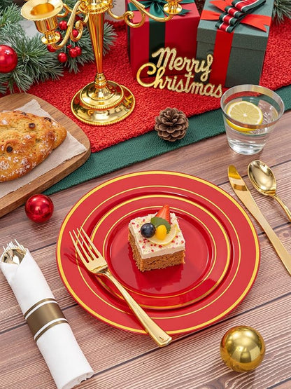 175 Pieces Christmas Plastic Plates - Red Plastic Plates with Gold Rim Include 25 Dinner Plate 10”, 25 Dessert Plate 7”, 25 gold Cups 9 OZ, 25 Pre Rolled Napkins for Christmas/Party