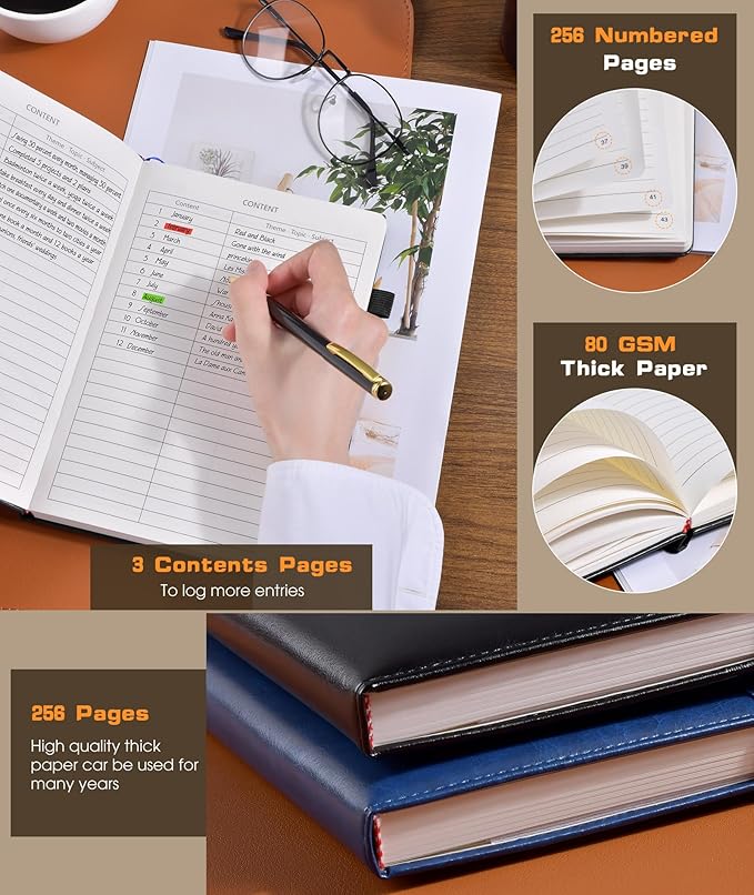 Lined Journal Notebook for Women Men, 256 Numbered Pages Hardcover Leather Journals for Writing, A5 Journaling Notebooks, College Ruled Journal for Business Work School Note Taking 5.75" x 8.38" Black