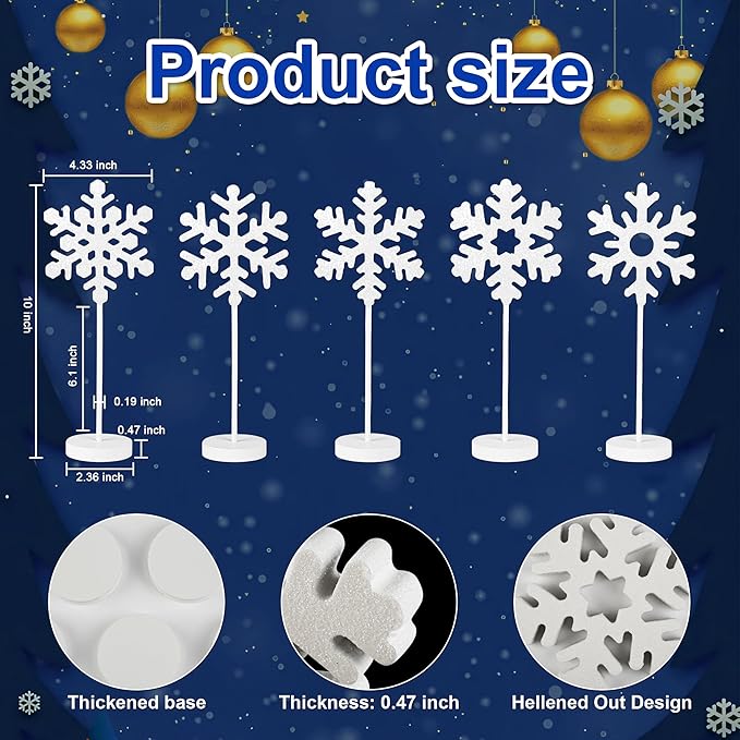 5 Pcs Wooden Christmas Snowflake Sign Winter White Glitter Snowflake Decorations Holiday Wonderland Snowflake Wood Stand Signs for Xmas Party Home Tabletop Tiered Tray Decor