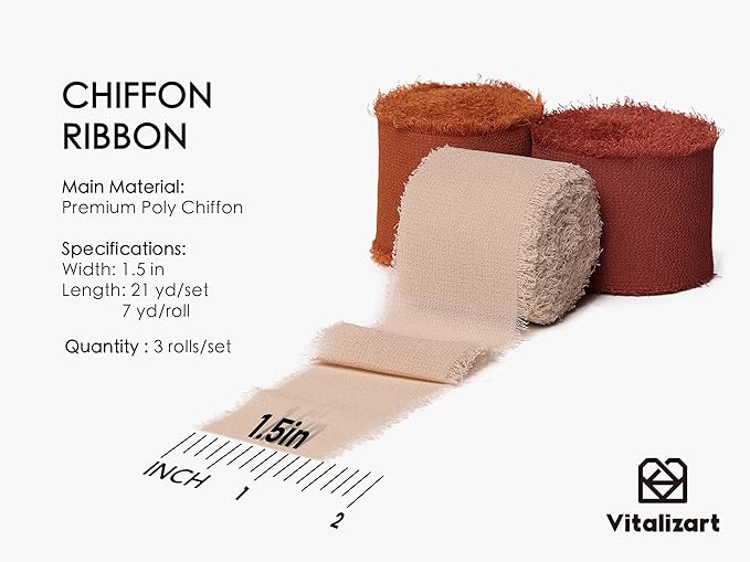 Vitalizart Fall Handmade Chiffon Silk Ribbon Fringe 1.5" x 21 Yd Terracotta Frayed Edges Ribbons for Wedding Invitations Bridal Bouquets Gifts Wrapping Crafts Holiday Party Decorations