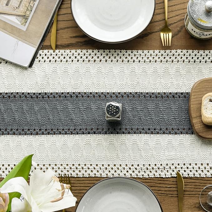 Artoid Mode Dark Grey Farmhouse Rustic Table Runner, Seasonal Holiday Hollow Kitchen Dining Table Decoration for Home Party Decor 12x36 Inch
