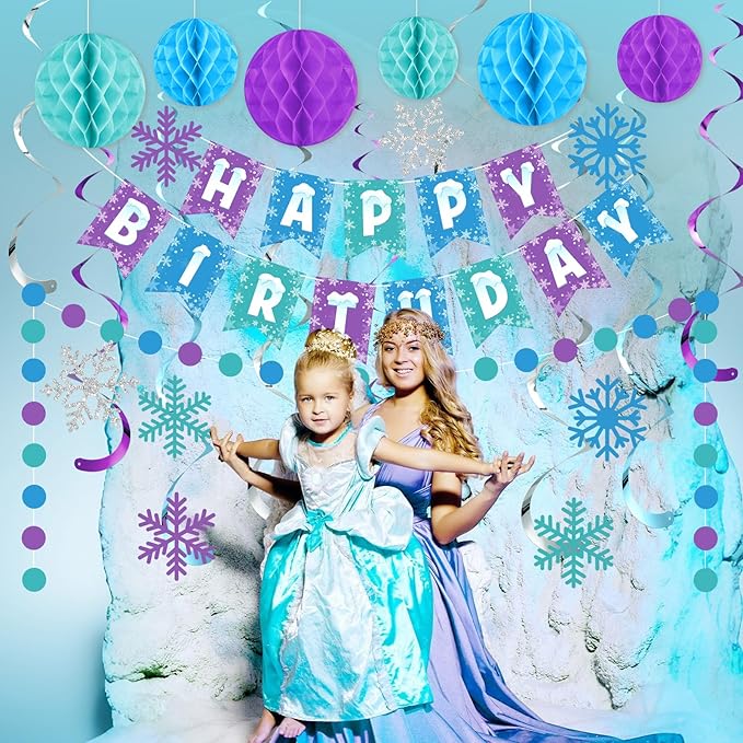 Funrous Snowflake Birthday Decorations Happy Birthday Banner Snowflake Hanging Swirls Honeycomb Balls Circle Dots Garland for Winter Princess Party Supplies