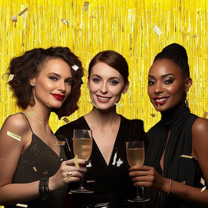 3 Pack Foil Fringe Backdrop - Laser Gold Shiny Tinsel Curtains for Party Decoration/Photo Booth Props - 3.3x8.2 FT Metallic Foil Backdrop for Birthday, Wedding, Graduation, Christmas.