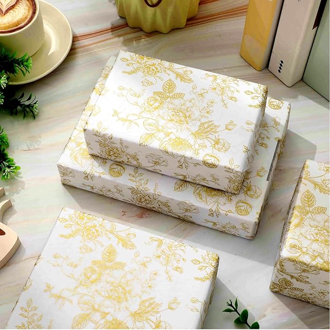 JarThenaAMCS 100 Sheets Floral Tissue Paper Gold Flower Gift Wrapping Paper Vintage Decorative Art Paper for Home Party DIY Crafts Supplies, 14 x 20 Inch