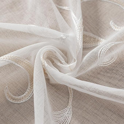 VISIONTEX White Sheer Voile Curtains, Decorative Leaves Embroidery Faux Linen Rod Pocket Window Drapes for Home Kitchen, Living Room and Bedroom 26 x 36 Inch, Set of 2 Curtain Panels