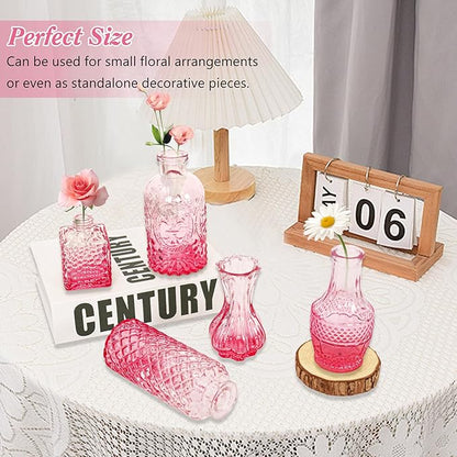 Set of 40 Glass Bud Vases, Small Pink Glass Vases in Bulk, Mini Vintage Embossed Flower Vase for Wedding, Centerpieces, Birthday Party, Baby Shower, Home Table Decorations (Pink)