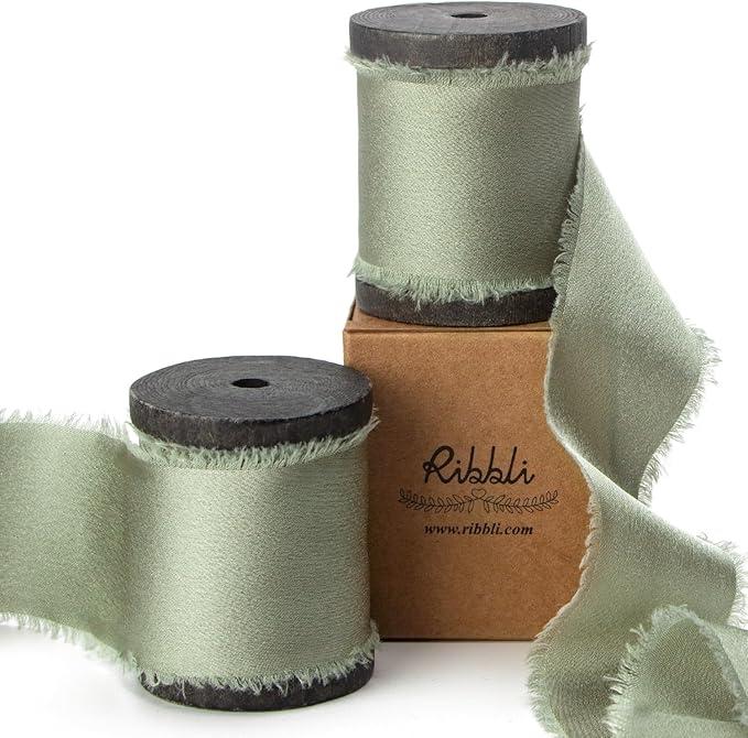 Ribbli Dusty Sage Green Silk Satin Ribbon 1.5 Inch x 12 Yard Handmade Frayed Chiffon Ribbon with Wooden Spool for Gift Wrapping, Wedding Invitations, Bridal Bouquets, Home Decor