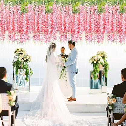 24 Pack Dark Pink Wisteria Hanging Flowers, 3.4 Ft Fake Hanging Flowers, Artificial Wisteria Garland Vines for Wedding Room Backdrop Outdoor Patio Garden Decoration