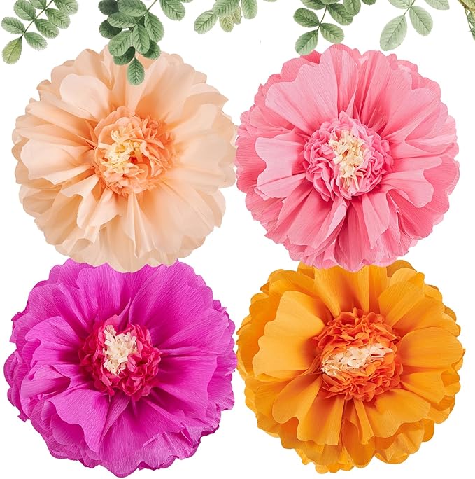SUNBEAUTY 4 PCS 20" Hot Pink Orange Fall Birthday Party Decorations Giant Paper Flowers Large Crepe Tissue Pompoms Sunset Autumn Women Girls DIY for Wedding Backdrop Bridal Baby Shower Thanksgiving