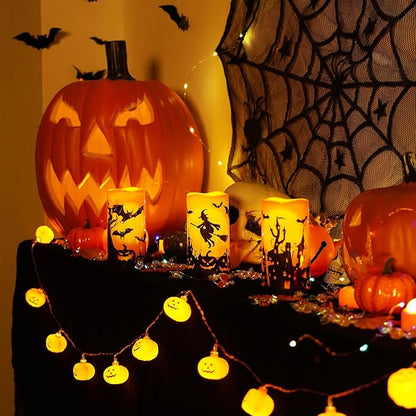Homemory Halloween Candles, Orange Flameless Candles, Outdoor Waterproof Printed Decals Battery Operated LED Pillar Candles with Remote Timers for Fall Festival Spooky Decor, 3”x6”, Plastic, Set of 3