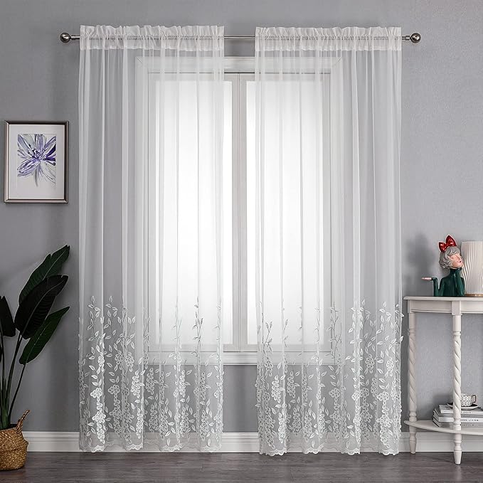 VISIONTEX White Sheer Voile Curtains, Decorative White Embossed Leaves Rod Pocket Window Drapes for Home Kitchen, Living Room and Bedroom 54 x 95 Inch, Set of 2 Curtain Panels