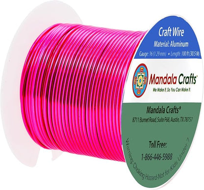 Mandala Crafts 16 Gauge Anodized Aluminum Craft Wire for Jewelry Making - 100 FT Colored Flexible Hot Pink Wire - Bendable for Bonsai Armature Crafting Sculpting