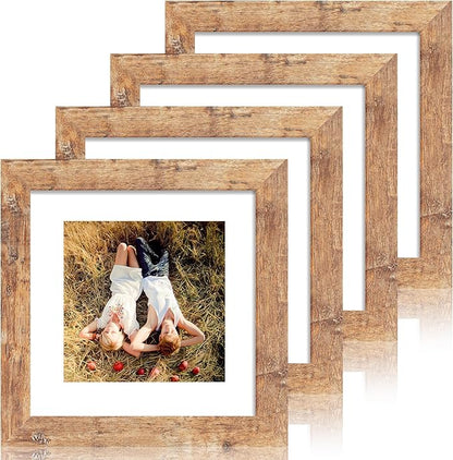 8x8 Picture Frame Set of 4 with HD Glass, Display 6x6 Pictures with Mat or 8 x 8 Without Mat, Square Wood Photo Frame for Wall Mount and Tabletop Display