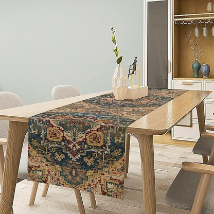 Boho Bohemia Style Table Runner, Country Rustic Farmhouse Vintahe Colorful Geometry Print Table Runner for Home Kitchen Dinner Party Holiday Decor, 13x70inch