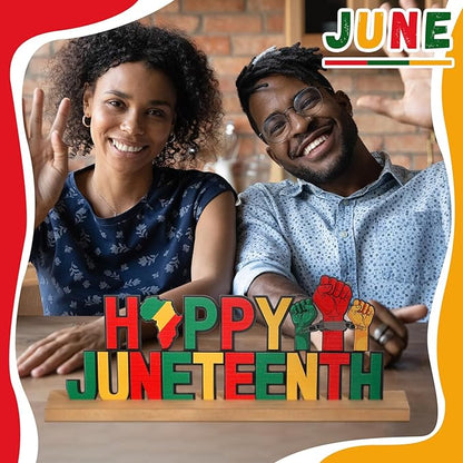 Happy Juneteenth Metal Sign Rustic Table Decor Holiday Tiered Tray Decor with Wooden Base Freestanding Metal Word Sign for Home Tabletop Centerpiece Mantel Shelf Fireplace