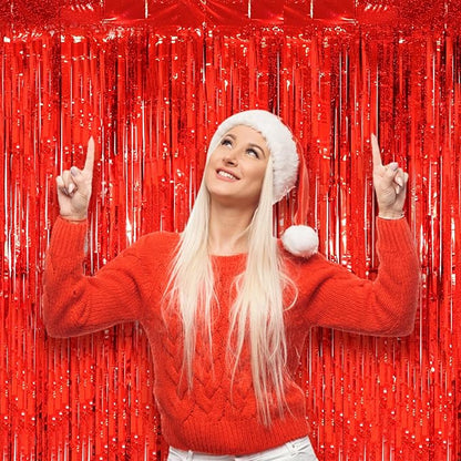 2 Pack Red Tinsel Foil Fringe Curtains, Red Party Decorations, Metallic Tinsel Party Streamers Backdrop for Birthday Casino Christmas Graduation Carnival Valentine's Party Decorations