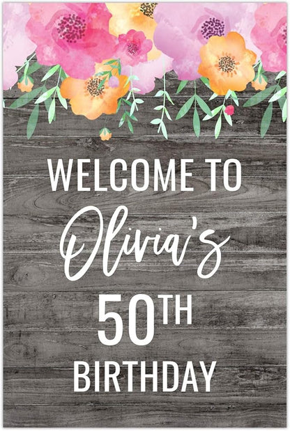 Andaz Press Personalized Extra Large Birthday Easel Board Party Sign, 12x18-inch, Pink Floral Flowers on Gray Rustic Wood, Welcome to Olivia's 50th Birthday, 1-Pack, Custom Name Age