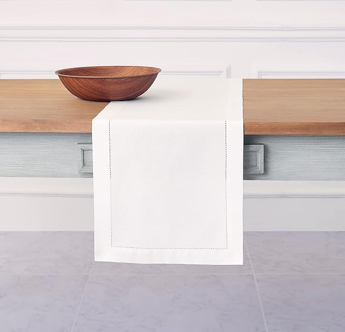 Solino Home White Table Runner 156 Inches Long - Cotton Linen Hemstitch Extra Long Table Runner 14 x 156 Inch for Fall, Autumn, Halloween, Thanksgiving, Christmas, Holiday