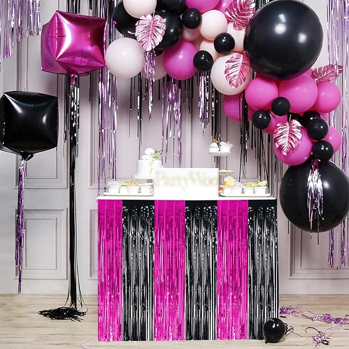BEISHIDA 2 Pack Hot Pink Black Table Skirts Party Decorations Purple Metallic Tinsel Foil Fringe Table Skirts for Mouse Theme Birthday Mean Girls Hot Girls Wednesday Party