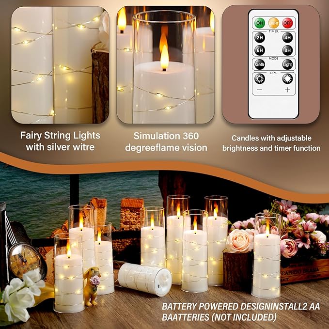 Flameless LED Candles with Timer 9 Pc Flickering Flameless Candles for Romantic Ambiance and Home Decoration Stable Acrylic Shell,with Embedded Star String，Battery Operated Candles（White）
