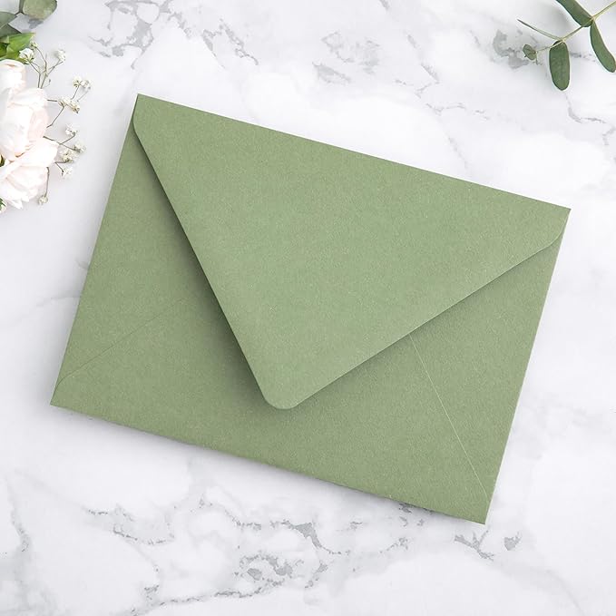 PONATIA 50PCS A7 Euro Flap Envelopes, 5.25 x 7.25'' Sage Green Flowers Liner Envelope for Wedding Invitations, Photos, Postcards, Greeting Cards, Christmas Gift, Acrylic Mailing, 5 x 7 Envelopes