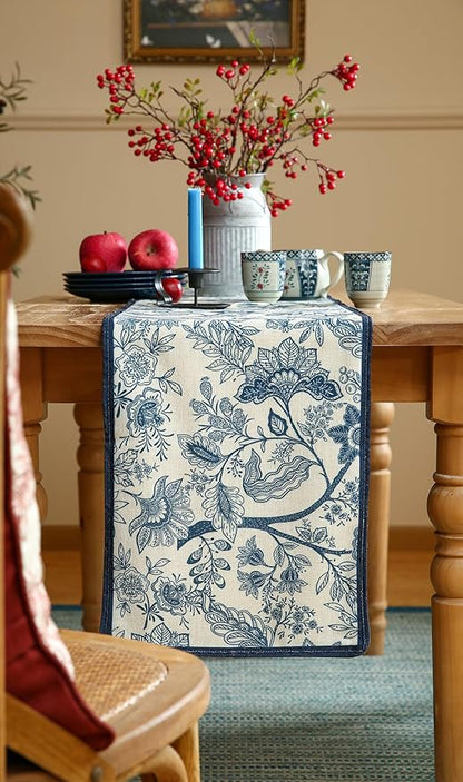 ISAENNE Designer Chinoiserie Elegant Linen Table Runner 102 Inches Long,Blue Floral Pattern Decor Table Runners for Thanksgiving,Dining Room,Banquet,Kitchen Tables,Christmas,12"*102"-Ruyi B
