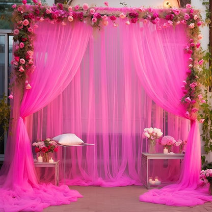 20x10 Hot Pink Tulle Backdrop Curtains for Parties, Sheer Backdrop Curtain Wedding Photo Background Drapes for Baby Shower Photography Birthday Party