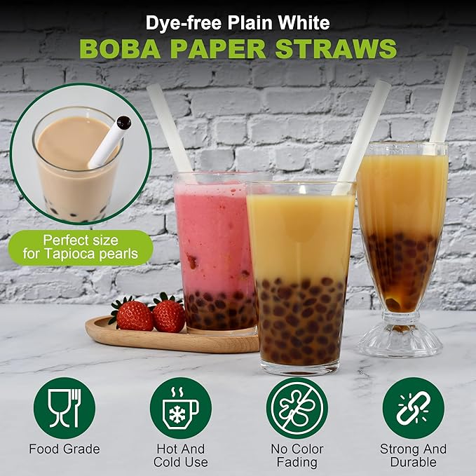 9 Inch Individually Wrapped Disposable White Paper Boba Straws, Bubble Tea Straws 100 Counts, 0.5"/12mm Wide - Pointed End, Extra Thick, Fat - Eco-friendly Biodegradable