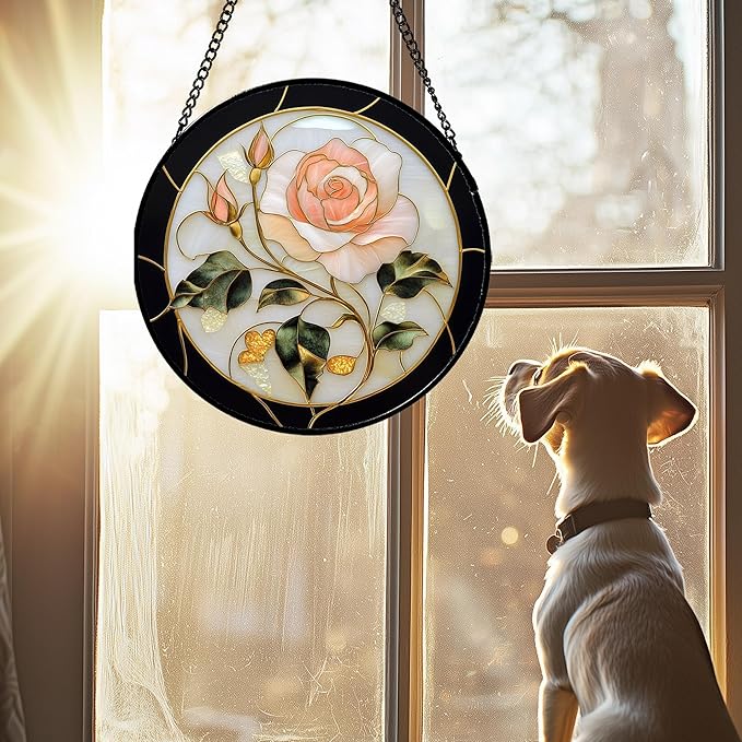 Stained Glass Window Hanging - Black White Pink Rose Sun Catcher for Door Home Decor Flower Suncatcher Christmas Mother's Day Birthday Gifts for Women Men Lovers Mom Nana 7.8 in