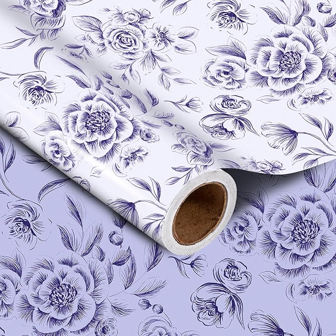 WRAPAHOLIC Jumbo Reversible Floral Wrapping Paper Roll - 30 Inch x 33 Feet - Purple Flower Wrapping Paper for Wedding, Bridal Shower, Mother's Day, Birthday, Baby Shower