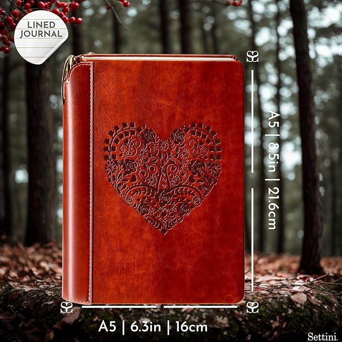 SETTINI® Lined Journal - Heart Journal for Writing Gift Set - Hardcover Vegan Leather, Includes Luxury Pen in a Unique Pen Holder, 192 Pages, 6 x 8.5 inches - Birthday Gift