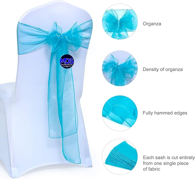 MDS Pack of 200 PCS Organza Chair Sashes Wider Dining Chair Bows Ribbon Tie Back for Wedding Party Birthday Bridal Shower Reception Event Banquet Home Chair Cover Decoration - Light Teal