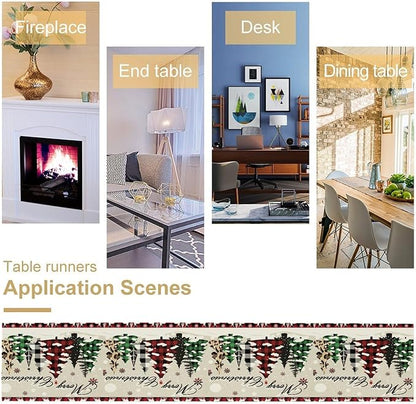 Christmas Tree Table Runner,Farmhouse Xmas Trees Buffalo Plaid Winter Snowflake Tablecloth Burlap for Hotel Indoors Outdoor Dining Room Kitchen Home Decor,W13X L36 in