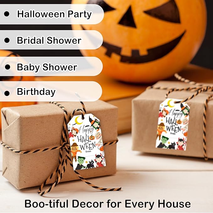 50 Pcs Halloween Tags with String, 2.1"×3.5" Pumpkin Paper Gifts Tags, Ghost Trick or Treat for Candy, Black Cat Happy Halloween Gifts Tag Wrap for Party Favor - B02
