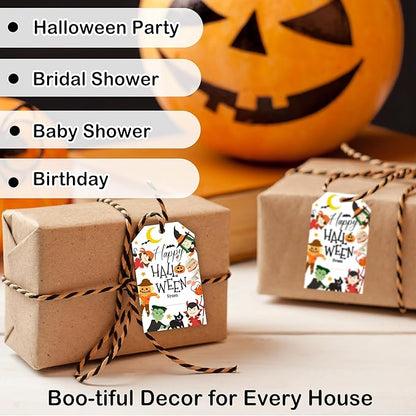 50 Pcs Halloween Tags with String, 2.1"×3.5" Pumpkin Paper Gifts Tags, Ghost Trick or Treat for Candy, Black Cat Happy Halloween Gifts Tag Wrap for Party Favor - B02