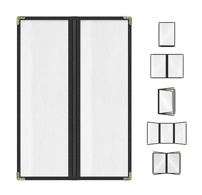 Goodsmart Restaurant Menu Covers - 25 Pack Black 2 Pages / 4 Views 4.25" x 14", Top-Loading Vinyl Menu Holders with Clear Sleeves, Double-Stitched Edge, Leather-Style Café Covers with Gold Corners