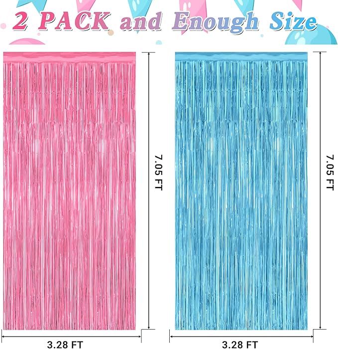 2 Pack Gender Reveal Decorations, 3.28 FT x 7.05 FT Pink and Blue Fringe Backdrop, Metallic Boy or Girl Foil Fringe Curtains Tinsel Backdrop Party Streamers, Birthday Party Decor Photo Booth Props