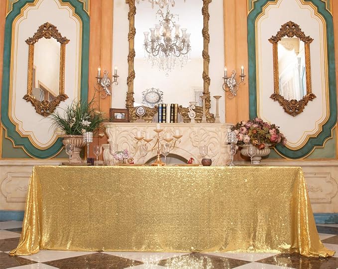 SquarePie Sequin Tablecloth 90 x 156 Inch Gold Sparkly Table Linen for Wedding Party