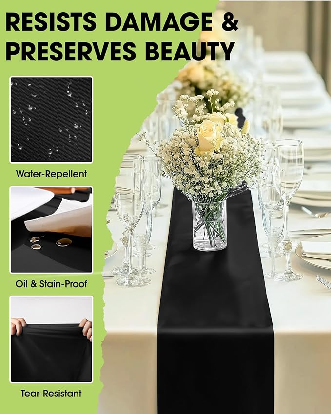 Pureegg Black Plastic Table Runners - 10 Pack, 14'' x 108'', Water Resistant & Disposable Centerpiece Decorations for Table Cloth, Wedding, Birthday, Holiday, Baby Shower, Party, Home Decor