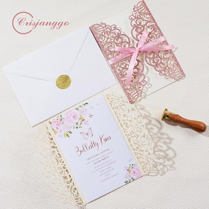 25pcs Glitter Laser Cut Wedding Invitation Kits Pink Personalized Invitation Pockets 5×7 Invitations with Envelopes and RSVP Cards Blank for Wedding Quinceanera Bridal Shower Engagement Birthday Party