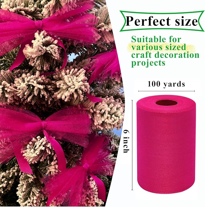 Fuchsia Tulle Fabric Rolls 6 Inch by 100 Yards (300 feet) Fabric Spool Tulle Ribbon for DIY Tutu Baby Shower Birthday Party Wedding Halloween Decorations Christmas Craft Supplies