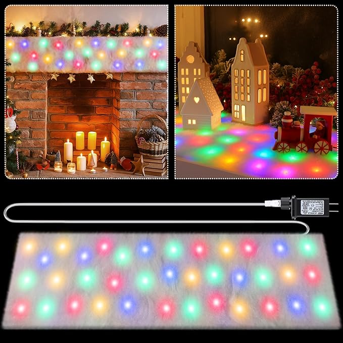 VIHOSE Christmas Snow Blanket with LED Lights String Pre Lit Artificial Fake Snow Blanket Roll Lighted Table Runner for Christmas Tree Village Display Winter Holiday Decor(Colorful Light,59'' X 16'')
