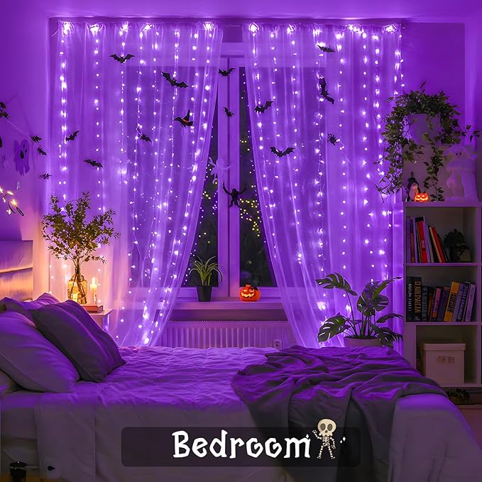 suddus Color Changing Curtain Lights for Halloween, 200 LED 6.5ft x 6.5ft Hanging String Lights with USB, Curtain Fairy Lights Indoor for Bedroom Wall, Party, Porch, Holiday, Purple and Orange