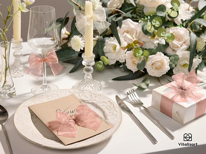 Vitalizart Pink Organza Ribbon 1.5" x 30 Yd Rose Gold Sheer Ribbons for Gift Wrapping Crafts Christmas Party Decor Bows Wedding Invitations Wreaths Bouquet