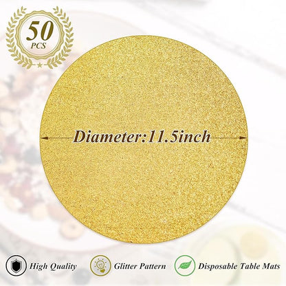 50 Pieces Gold Glitter Paper Place Mats Sparkle Round Disposable Table Mats Golden Sequin Doilies Decorative Placemats for Wedding Banquet Party Home Dining Tableware
