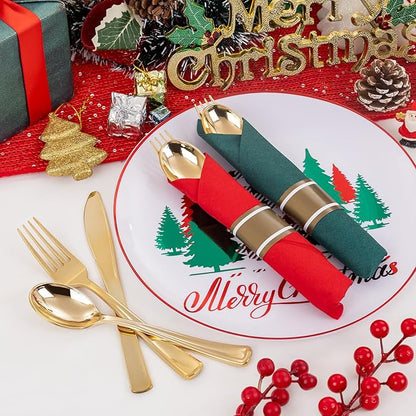 Supernal 240pcs Christmas Rolled Plastic Silverware,Gold Disposable Silverware,Wrapped Plastic Cutlery Set with Napkin,Pre Rolled Silverware Set Disposable,Christmas Cutlery Served for 60 Guests