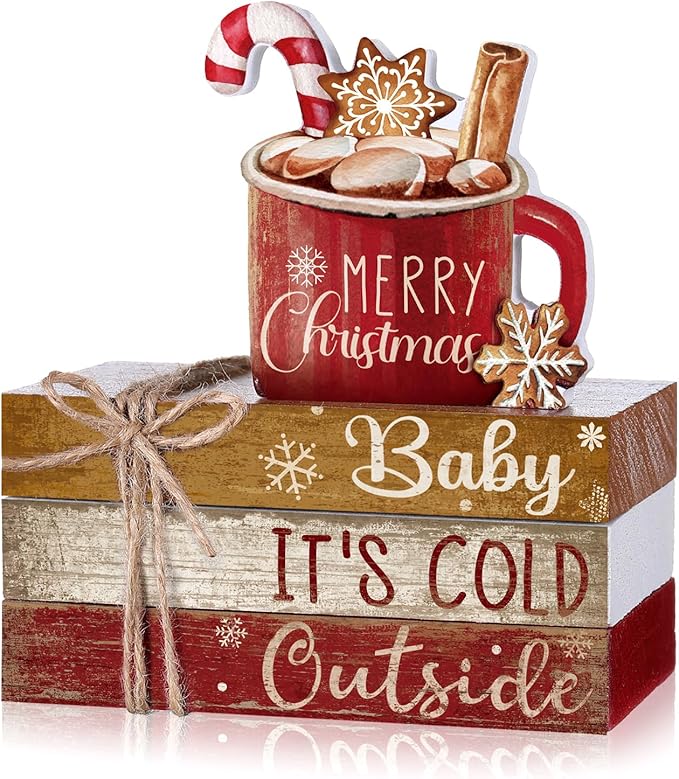 4 Pcs Christmas Table Decor Wooden Hot Cocoa Decoration Christmas Centerpiece Winter Tiered Tray Decor Decorative Red Hot Cocoa Block Signs Gift Farmhouse Xmas Decoration for Home Kitchen