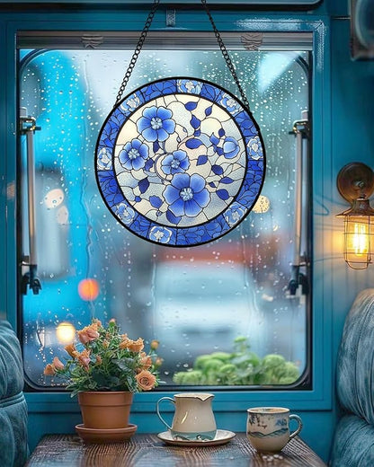 Stained Glass Window Hanging, Blue and White Plum Blossom Sun Catcher for Door Home Decor Flowers Suncatcher Christmas Mother's Day Birthday Gifts for Women Men Mom and Nana 7.8 in